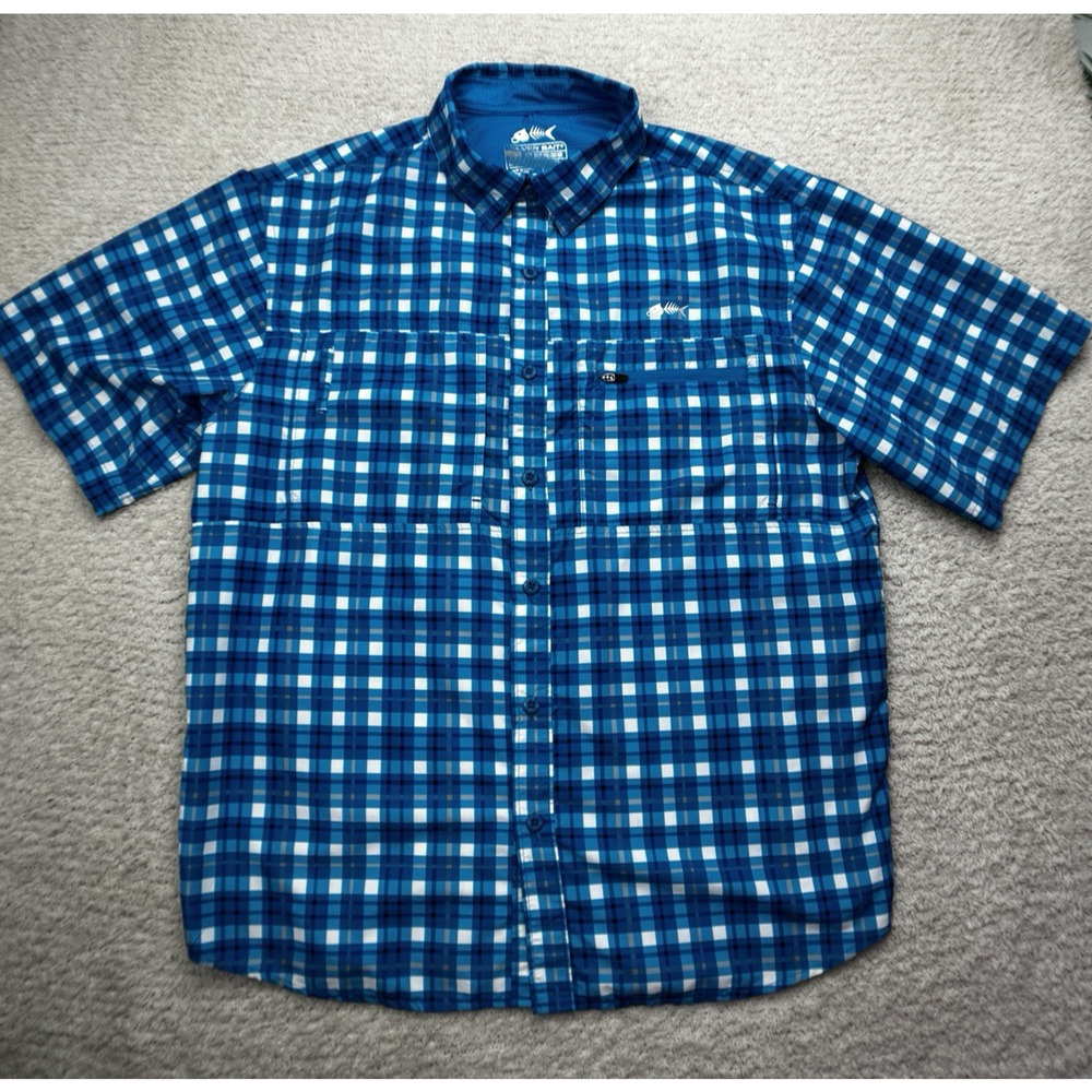 Silver Bait Men Short Sleeve Vented Mesh Sz L Blue White Plaid Fishing Shirt EUC
